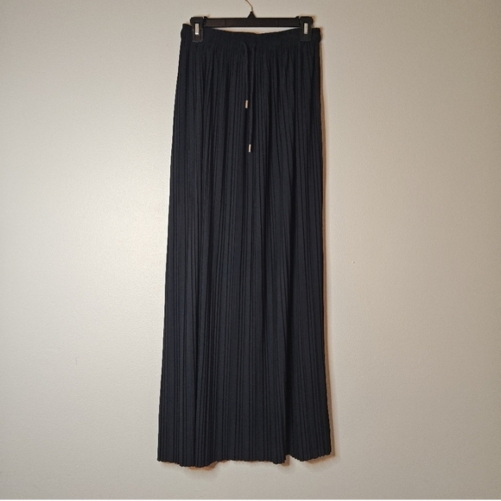 One Size Black Pleated Maxi Skirt Elastic High Waist Flowy Drawstring Boho - Picture 3 of 14